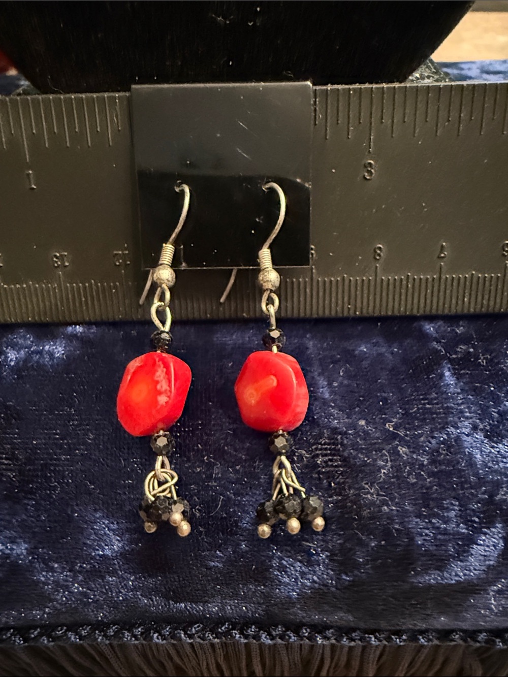 Sterling silver and genuine coral pierced dropped earrings with black crystal